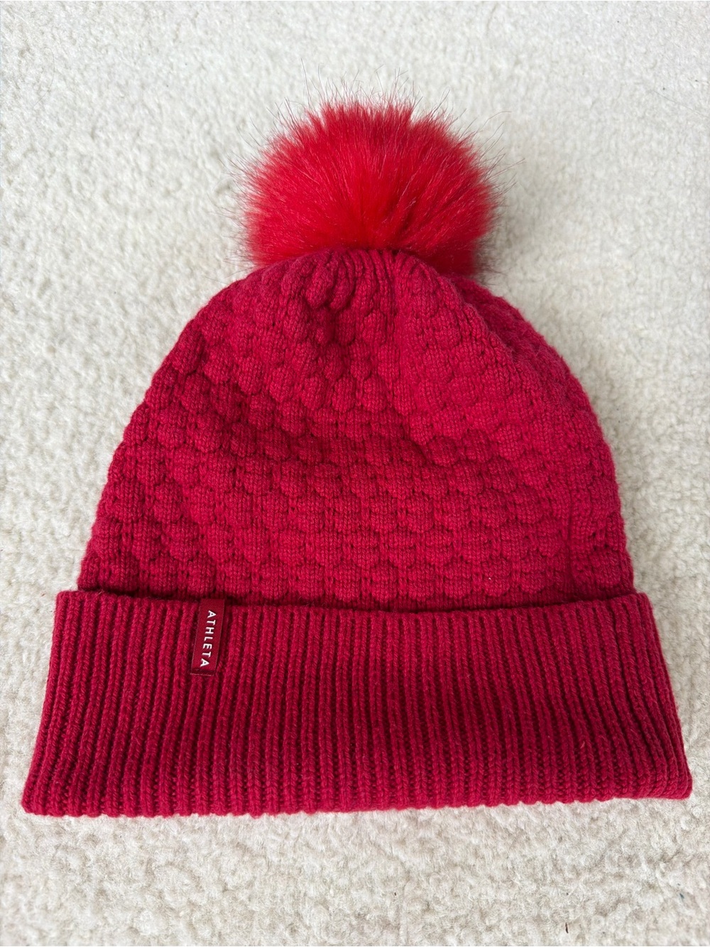 Athleta Red Pom Pom Cable Knit Beanie Winter Hat